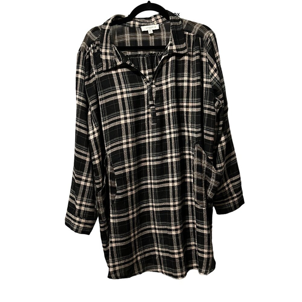 Umgee USA cotton blend sz 1XL black tan plaid pockets roll tab sleeve tunic top